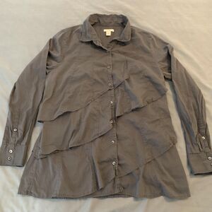 J.Crew Shirt Womens 10 Gray Long Sleeve Asymmetrical Tiered Ruffle Button Cotton